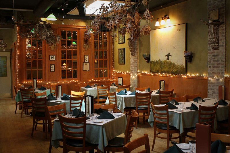 Dining room with many set tables