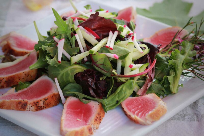 Salmon salad topped with diced radish